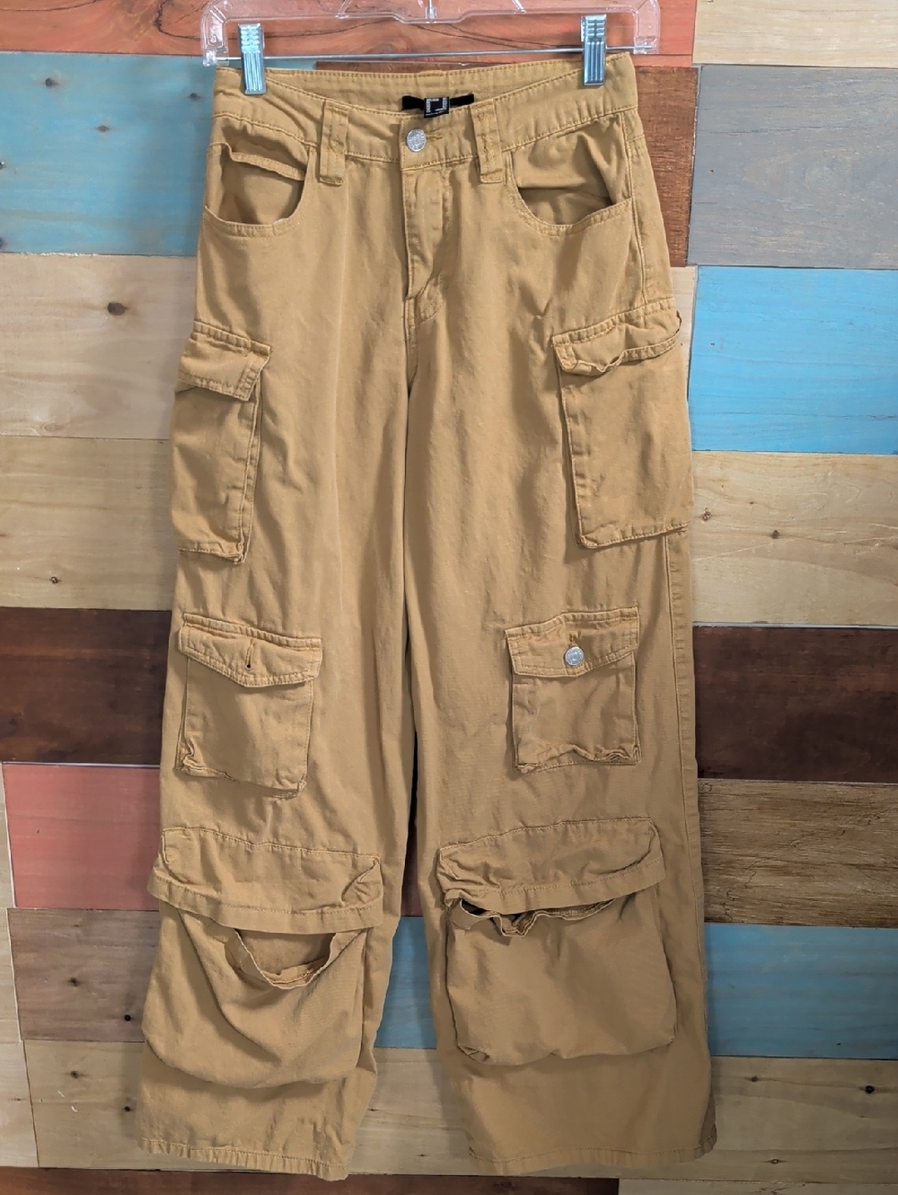 Forever 21 Camel/Tan Cargo Flare Pants with Multiple Pockets